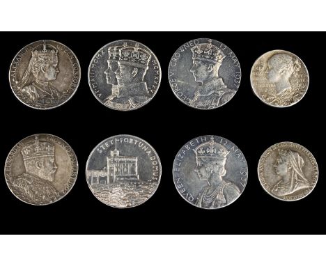 A Collection of British Silver Commemorative - Coronation Coins / Medallions ( 4 ) Four In Total. Comprises 1/ Queen Victoria