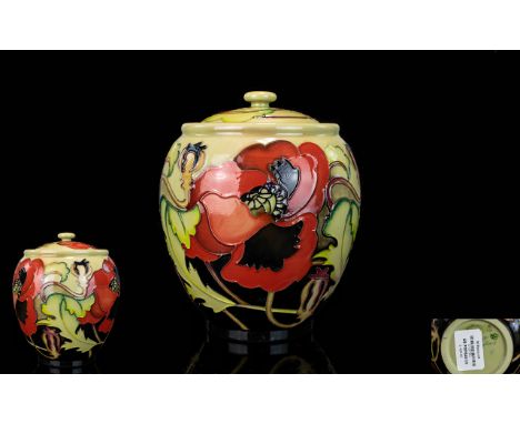 Moorcroft - Modern Tube lined Lidded Ginger Jar ' Poppies ' Red Design. Date 2015. Height 6.25 Inches. Retail Label to Base £
