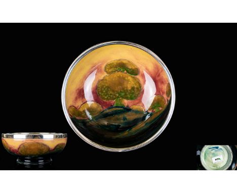 William Moorcroft Signed Footed Bowl ' Eventide Landscape ' Design. Date 1925. Signed to Underside of Bowl. 8 Inches Diameter