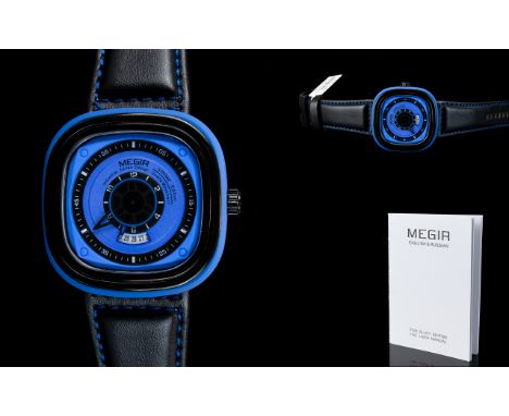 Megir Ltd Edition Mens Latest Quartz Chronometer Wrist Watch. Features Blue Dial, Water Resistant, Auto Date, Calendar, Black