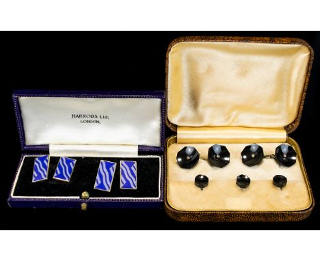 Vintage Gentleman's Enamel Cufflinks By Harrods Housed in original blue leather bound box. Rectangular gold tone cufflinks fi