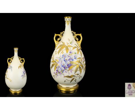 Royal Worcester Large and Impressive Hand Decorated Twin Handled Ovoid Shaped Vase. c.1880's. Reg No 1293, Shape 935. Decorat