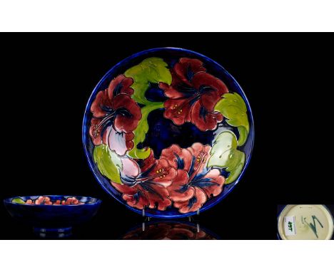 Moorcroft Signed and Impressive Large Tube lined Footed Bowl ' Hibiscus ' Design on Blue Ground. c.1970's. 3.25 Inches High &