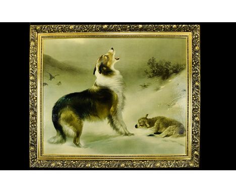 A Large Framed Print Decorative textured print titled 'Found' depicting a lamb in the snow, a rough Collie dog stands guard i