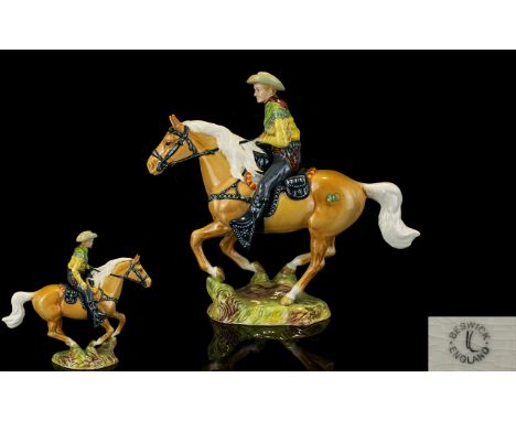 Beswick - Early Mounted Horseback Figure ' Canadian Mounted ' Cowboy. Model No 1377 with Original Beswick Label. Designer Mr 