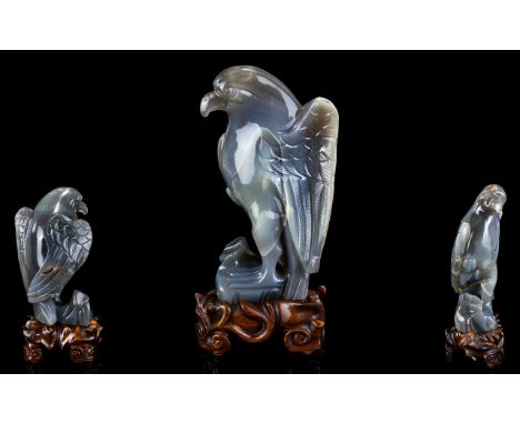 Large and Impressive Contemporary - Heavy Jade Sculpture / Figure of a Bird of Prey, Perched on a Rock, Raised on a Carved St