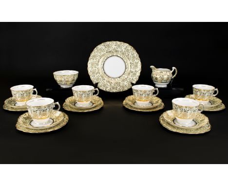 Colclough Part Teaset comprising sandwich/cake plates, 6 cups, saucers and side plates,milk jug and sugar bowl. Gold decorati