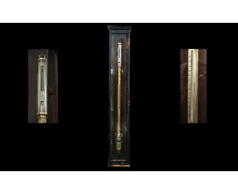 Antique - Late 19th Century Ships Marine Gimbaled Brass Stick Barometer. In Original Wood and Glass Case. 40 Inches In length