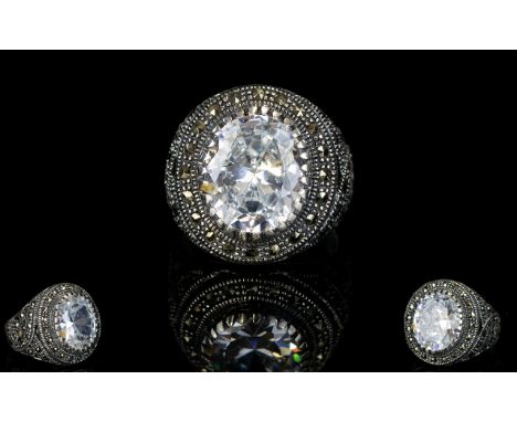 Silver And Crystal Set Cocktail Ring Large statement ring with reticulated shoulder detail set with multiple marcasites and c