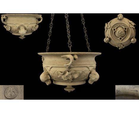 French Sarreguemines Architectural Stoneware Hanging Planter A late nineteenth century planter with applied dog's head, fern 