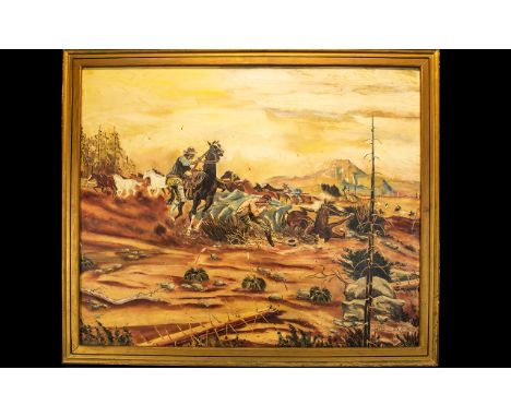 Original Oil On Canvas Depicting The Wild West Large original oil signed to bottom left 'R Graham, 1978' Depicts a dynamic fr