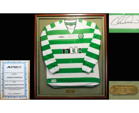 Celtic Football Club Autograph Interest Framed Vintage Shirt Signed By Henrik Larsson Long sleeved NTL sponsor shirt by Umbro