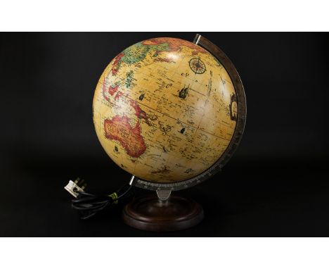 A Vintage Style Globe Lamp Retro lamp in the form of a world globe, cream ground with printed decoration, good condition, 16 