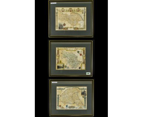 3 x 1830's Reproduction Counrty Moule Maps Of North, East And West Ridings Of Yorkshire Framed Hand Coloured and Mounted Behi