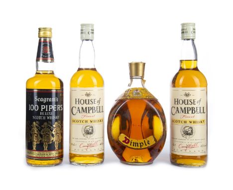 DIMPLE Blended Scotch Whisky 26 2/3 fl.oz, 70° proof. SEAGRAM'S 100 PIPERS Blended Scotch Whisky 75cl, 40% volume. HOUSE OF C