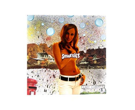 REBEL, LADY GARDEN spray paint and collage on card album cover, tagged bottom right31cm x 31cm Hailing from the badlands of G