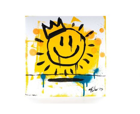 RYCA, HARDCORE KING acrylic and spray paint on card album cover, signed31cm x 31cm Ryan Callanan, who works in the street sce