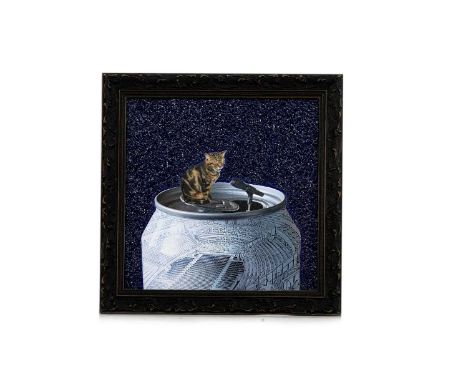 ART MAN WAN, PURRFECT MEOWLODY mixed media, giclee and acrylic on canvas, mounted on an album cover and framed, signed versoi