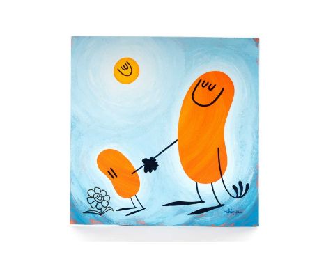 DAVE THE CHIMP, IT'S A BEAUTIFUL WORLD - ENJOY IT!  acrylic on card album cover, signed31cm x 31cm Born in an egg on a mounta