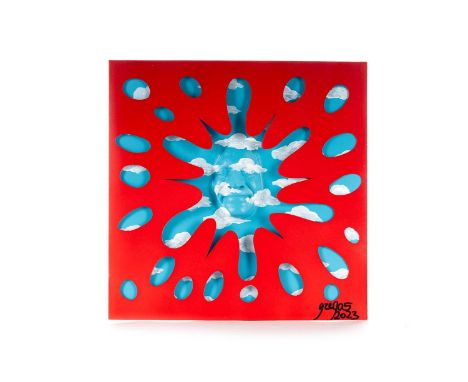 GREGOS ART, HEAD IN THE SKY resin, acrylic and spray paint on card album cover, signed31cm x 31cmGregos is a French street ar