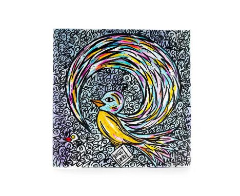 STEVE MCCRACKEN, FREE IN CHAOTIC TIMES acrylic, spray paint, paint pen and ink on card album cover, signed31cm x 31cmInspired