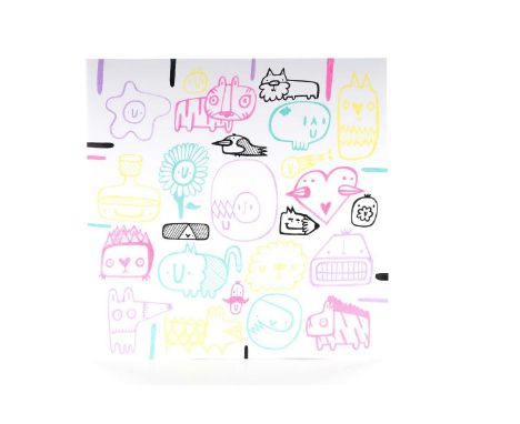 KEV MUNDAY, GREATEST HITS Posca paint pens on card album cover, signed31cm x 31cm Kev Munday creates colourful, utopian world