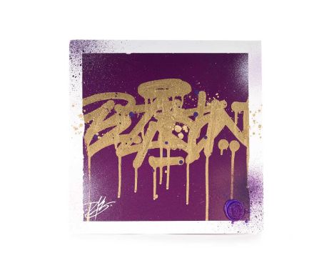 TOM KIEWRA, PURPLE RAIN DROP latex, acrylic, spray paint and ink on card album cover, signed31cm x 31cmTom Kiewra has an unpr