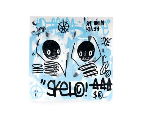 SKELETON CARDBOARD MIND YOUR HEAD acrylic and spray paint on card album cover, signed31cm x 31cmSkeleton Cardboard is an anon