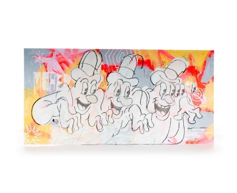 WORD TO MOTHER, BE NICE, THRICE mixed media on card album cover, signed31cm x 31cmLondon-based artist Word To Mother is an En