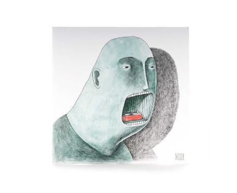 BISSER, VINYL EATER bister and pencil on card album cover, signed31cm x 31cm Bisser is a young Belgian street artist whose pi