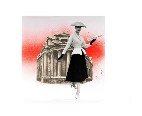 JO HUDSON, REBEL WITH A CAUSE collage and spray paint on card album cover, signed31cm x 31cm Jo Hudson is drawn to the ironic