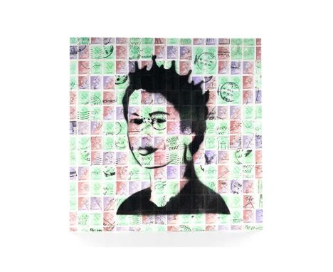 JOHN AXCELL, ELIZABETH FRANK NO. 1 mixed media, used stamps and spray paint on card album cover, signed31cm x 31cm John Axcel