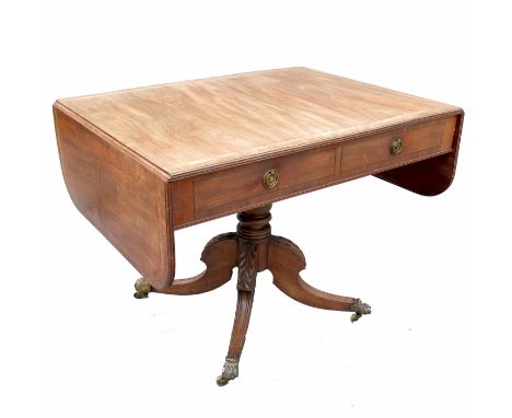 A late Georgian design mahogany sofa table, with cross banded top, fitted two drawers and dummy drawers, raised on four outsw
