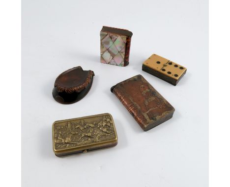 Five vesta cases, one of rectangular form with brass top embossed with a hunting scene, a copper one with Oriental scene, one