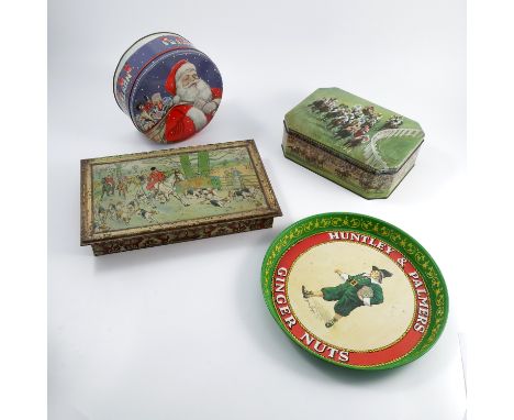 Three Huntley & Palmers biscuit tins, one with a hunting scene, another with Derby racing scene and a Christmas tin, together
