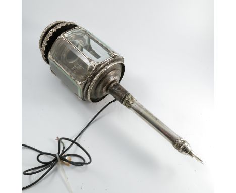 A 19th century carriage or coaching lamp, with silver plated finish, having a two tiered top with five bevelled glass panels,