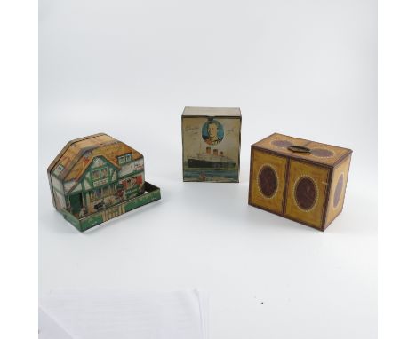 A William Crawford and Sons Ltd. biscuit tin, in the form of a Georgian inlaid tea caddy, together with a Macfarlane Lang & C