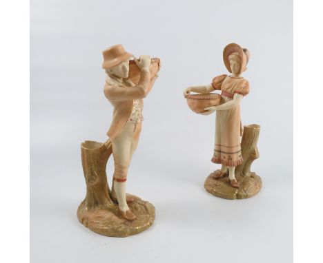 A pair of Royal Worcester Hadley blush ivory figures, modelled as a girl and a boy carrying baskets, model number 880, dated 