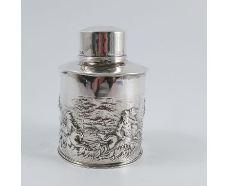 A silver tea caddy, of cylindrical form, embossed with Classical figures in landscape, inscription to lid, Birmingham 1907, w