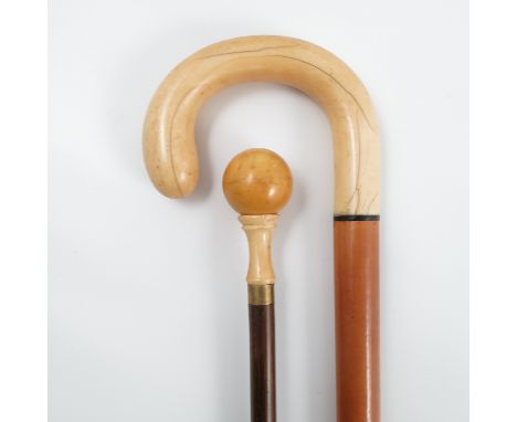 A Swaine & Adeney malacca walking stick, with ivory scroll handle and horn tip, height 36ins, together with another partridge