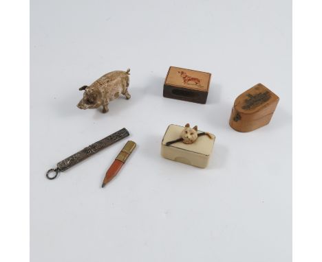 A Mauchline ware thimble box, decorated with a view of Lincoln cathedral, together with a plastic box decorated with a huntin