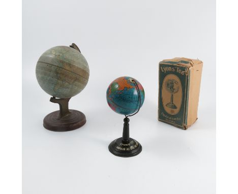 A William Crawford & Co novelty biscuit tin, formed as a globe on stand, height 9ins, together with a boxed Lyons' Tea tin pl