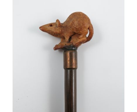 A walking stick, the horn handle carved with a rat, height 37ins