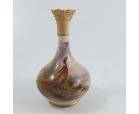 A Royal Worcester vase, with blush ivory neck, the body decorated with a cock pheasant in landscape by Jas Stinton, shape num