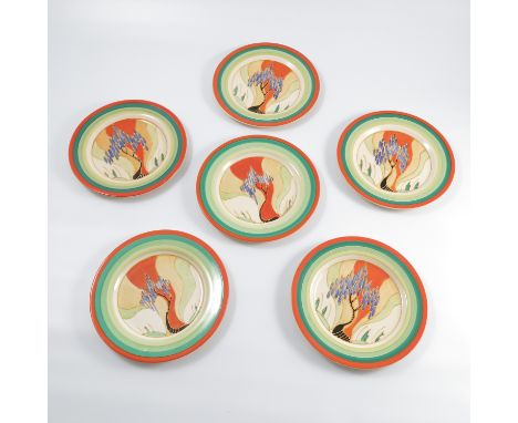 A set of six Clarice Cliff plates, decorated in the Wind Bells pattern from the Bizarre range, diameter 8ins Condition report