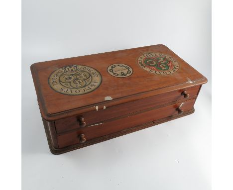 A J&P Coats pine two drawer tool chest, containing Marples chisels, Henry Taylor chisels, other tools and drawing instruments