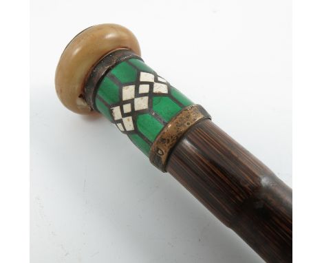 A George V walking cane, with partridge wood shaft, the handle with silver, mother of pearl and an enamelled band, London 191
