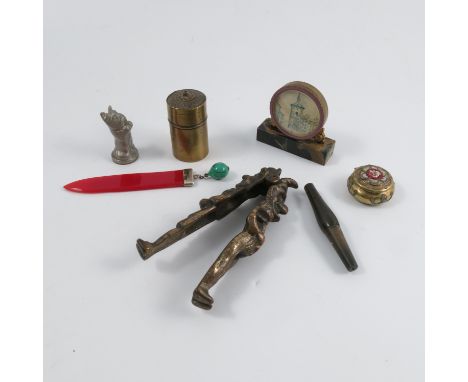 A ladies travelling timepiece, the dial decorated with a clock tower and buildings, in a gilt metal case with purple band, mo