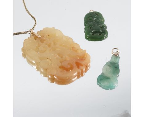 A pierced and carved jade panel pendant, 5.7cm by 4.3cm, on a 9 carat gold chain, with a New Zealand nephrite Tiki pendant, a