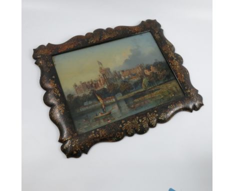 A Victorian reverse painting on glass, of Windsor Castle, with figures in a boat on water in the foreground, by Lane of Birmi